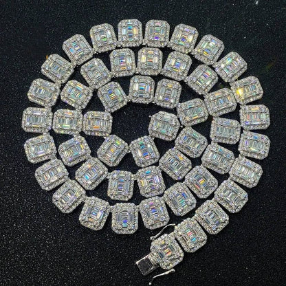 S925 Silver Inlay Rectangular Moissanite Diamond Cuban Link Chain