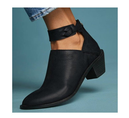 Women’s Leather Ankle Boots – Cut-Out Buckle Strap Booties with Back Zipper