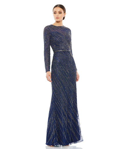Long Sleeve Beaded Column Gown