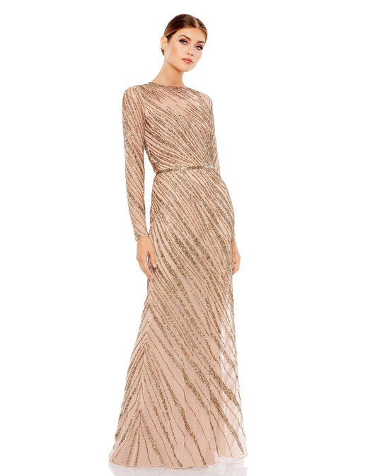Robe longue ornée de perles à manches longues