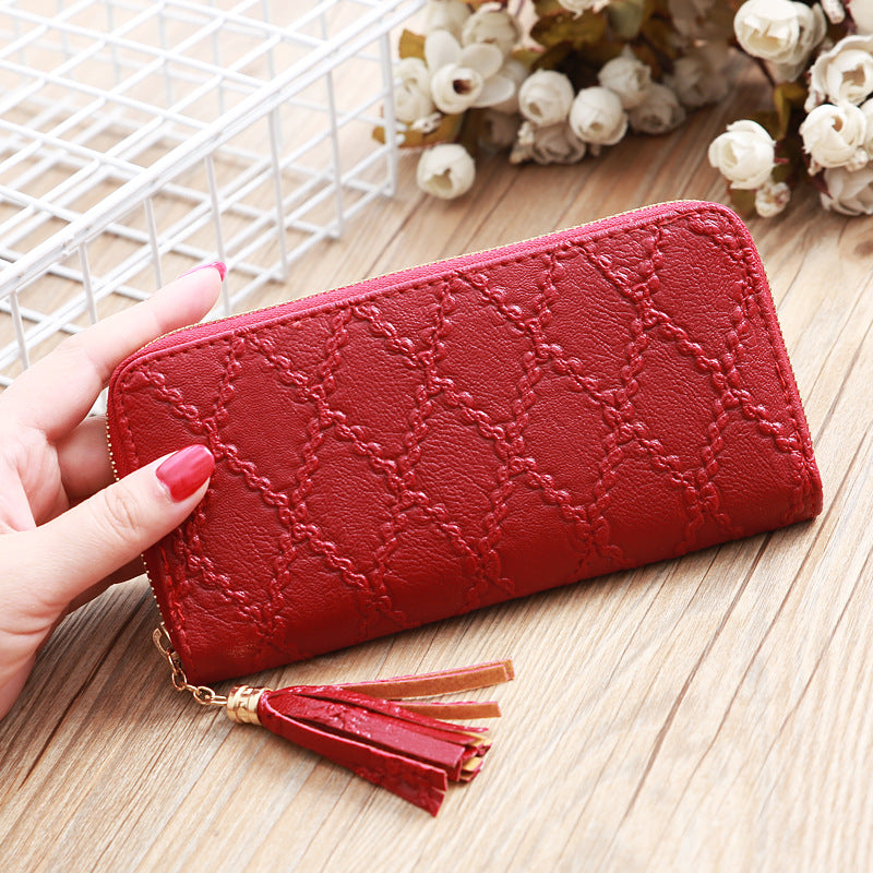 Women's Leather Clutch Wallet – Stylish Tassel Zip Purse with Card Holder Slots