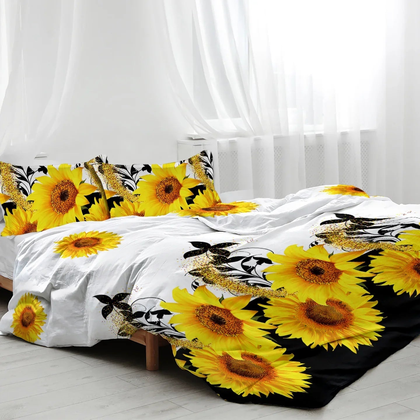 Parure de lit 3 pièces imprimé tournesol noir et blanc Housse de couette et taies d'oreiller Fleur jaune Parure de lit en polyester pour adultes Décoration de chambre à coucher Taille Twin Full Queen King
