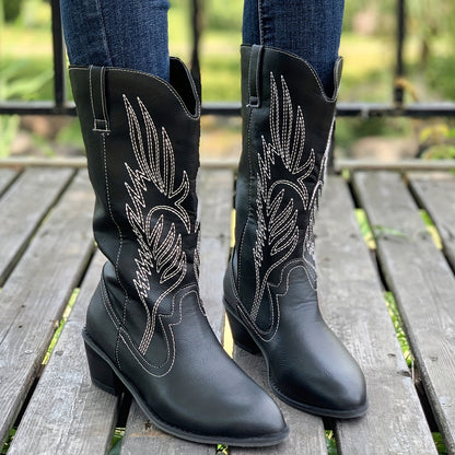 Fashionable Womens Embroidered Cowboy Boots - Trendy Chunky Heel, Pointed Toe, Faux Leather, Supreme Comfort for All-Day Glamour
