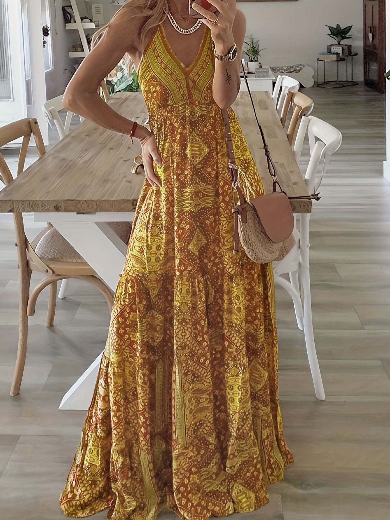 Women's Summer Boho Floral Print High-Waist V-Neck Spaghetti Strap Loose Maxi Dress
