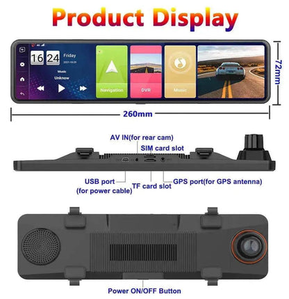 Smart 170 wide angle Bluetooth, GPS, Speed monitoring, collision sensing, front and back view, reversing image Rearview Mirror Tachograph Double Recording Dashcam HDR Backup Camera for cars