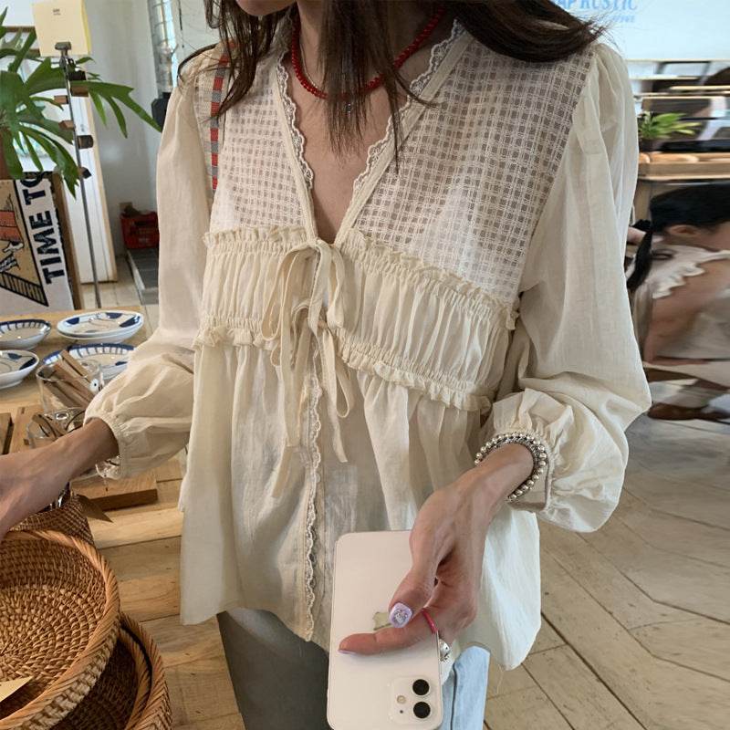 Casual Spring Summer New Retro Elegant V-neck Linen everyday blouse top