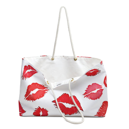 Red Lipstick Kiss Pattern Weekender Bag | Lip Print Travel Tote | Large Tote Bag