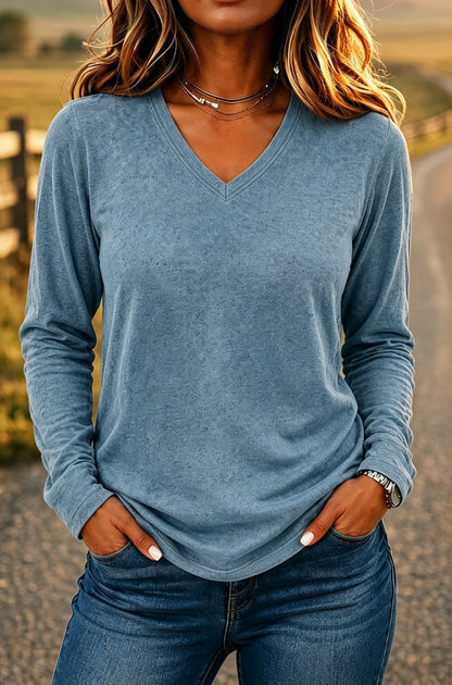 Women’s V-Neck Loose-Fit Long Sleeve T-Shirt – Solid Color Casual Pullover Top