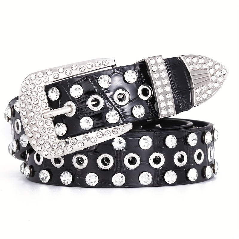 Sparkling Hollow Out Rhinestone Belt Solid Color PU Leather Belt Hip Hop Jeans Pants Belt Y2K Cowboy Cowgirl Belt For Women & Men
