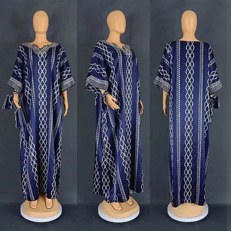 Middle East Striped Loose Robe African Dubai Arabic Satin Hot Drilling Stitching Abaya Buba Dress