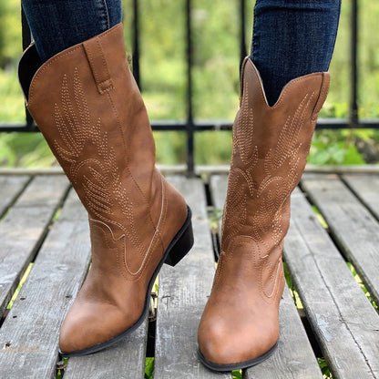 Fashionable Womens Embroidered Cowboy Boots - Trendy Chunky Heel, Pointed Toe, Faux Leather, Supreme Comfort for All-Day Glamour