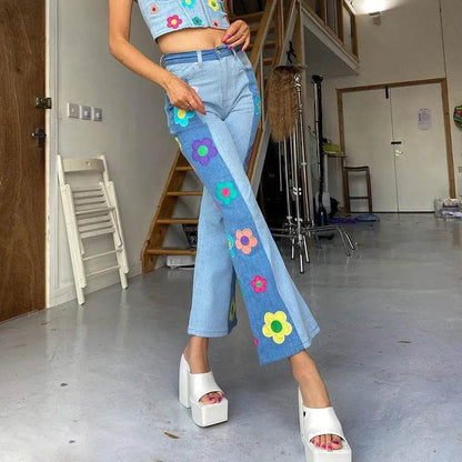 Women's Fashion Pattern Colorblock Bootcut Jeans