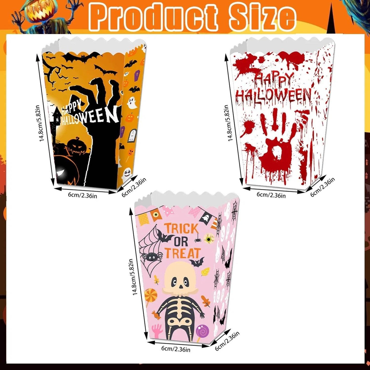 Boîte à Pop-corn d'Halloween 12 Pièces, 3 Styles, Boîte à Bonbons pour Friandises d'Halloween, Motif Sang, Fantôme, Château, Chauve-souris, Conteneur à Bonbons et Biscuits pour Fêtes d'Halloween