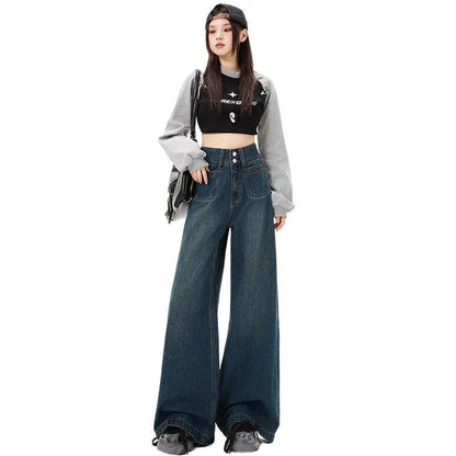 New Simple High Waist Casual Straight-leg Baggy Jeans Pant For Women