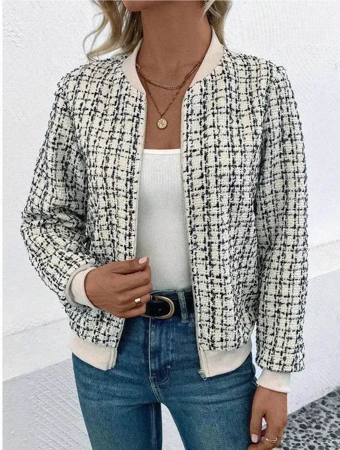 Veste décontractée d'extérieur pour femme, à manches longues, à carreaux, pied-de-poule et fermeture éclair, collection automne-hiver