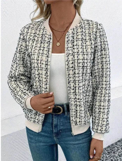 Veste décontractée d'extérieur pour femme, à manches longues, à carreaux, pied-de-poule et fermeture éclair, collection automne-hiver