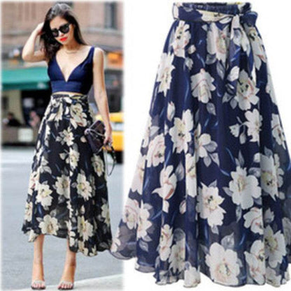 Jupe Longue Formelle Femme Taille Haute Florale Évasée en Mousseline de Soie pour le Bureau