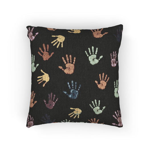Oreiller Motif Empreintes de Mains Colorées | Coussin Déco Mains Multicolores sur Fond Noir