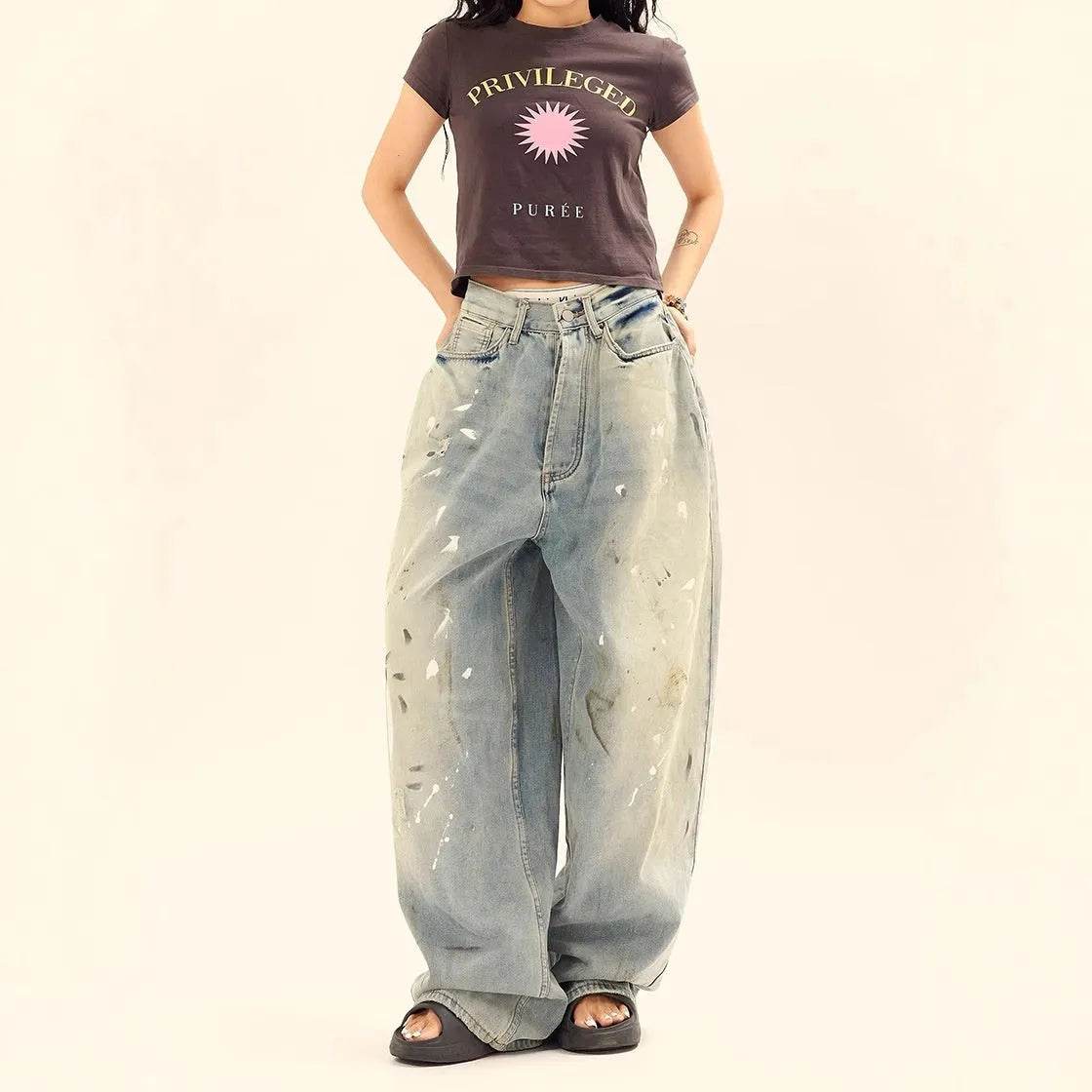 Jeans amples délavés et déchirés décontractés, style unisexe amincissant avec motifs éclaboussures d'encre pour hommes et femmes