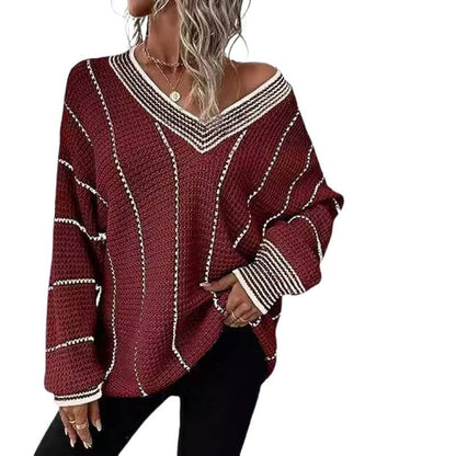 Women’s Striped V-Neck Sweater – Loose-Fit Long-Sleeve Casual Knit Pullover