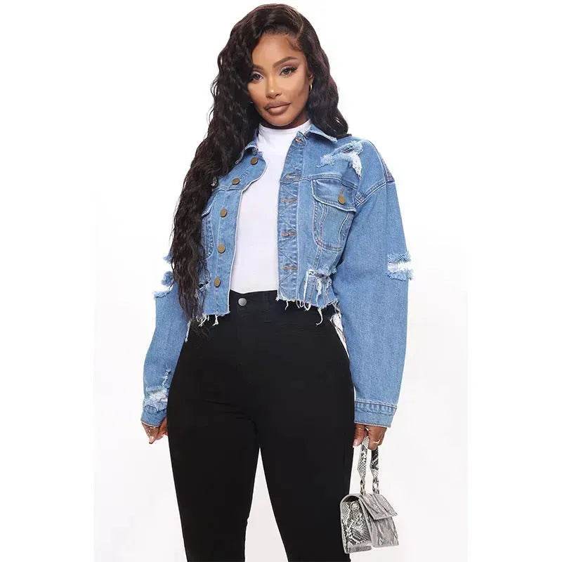 Veste courte en jean déchiré à manches longues pour femmes, coupe courte, ample