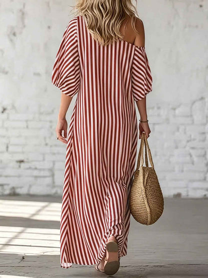 Asymmetrical One-Shoulder Striped Maxi Dress – Puff Sleeve Ruffle Hem Loose Vacation Dress with Pockets