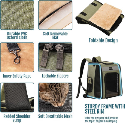 Cat Backpack Carrier with Soft Plush Mat, Cross Ventilation Design, Dog Backpack Easy Fit for Travel Camping Hiking, Hold Pets up to 22 Lbs