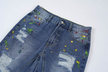 Ripped Paint Wide-leg Denim Trousers For Men Jeans