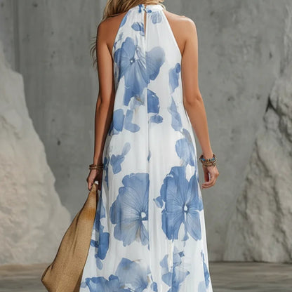 Vintage-Inspired Holiday Maxi Dress – Women's Blue Chiffon Oversized Print Dress