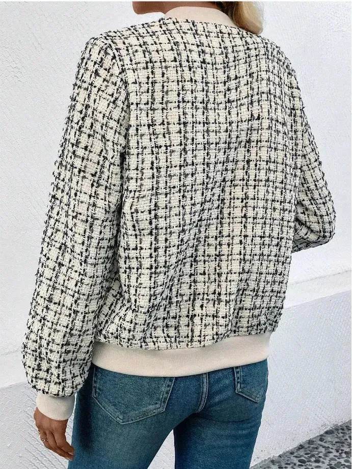 Veste décontractée d'extérieur pour femme, à manches longues, à carreaux, pied-de-poule et fermeture éclair, collection automne-hiver