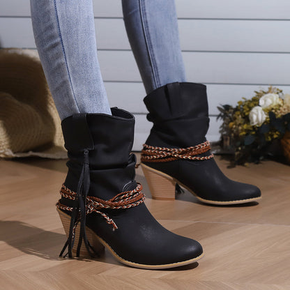 Womens Vintage-Inspired Chunky Heeled Cowboy Boots - Fashionable Tassel & Braided Band Detail, Slip-On Comfort, Soft Slouchy Texture - Retro Short Western Boots
