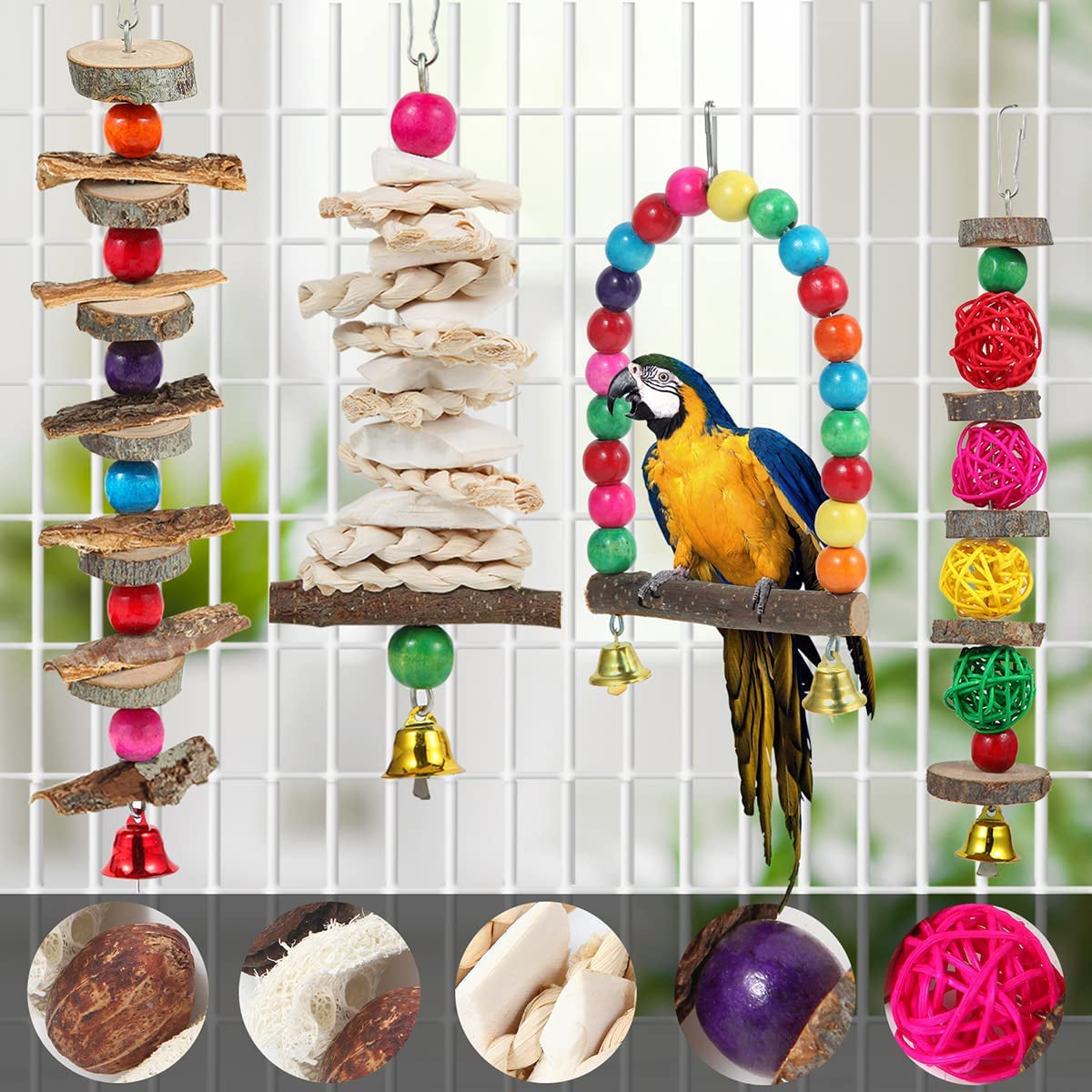 Jouets pour oiseaux, perchoir et jouets à mâcher en bois pour perruches, calopsittes, conures, inséparables, touïs, perruches ondulées, pinsons et autres oiseaux de petite et moyenne taille