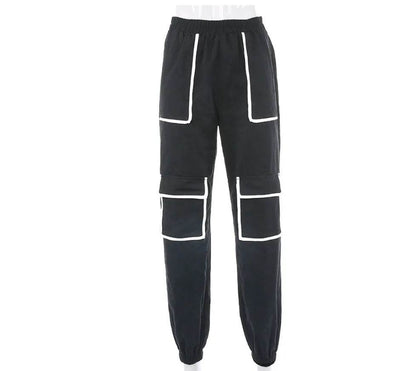 White Stripe Cargo Pants Women Trousers Pockets Patchwork Contrast Color High Waist Pants Hip Hop Capris