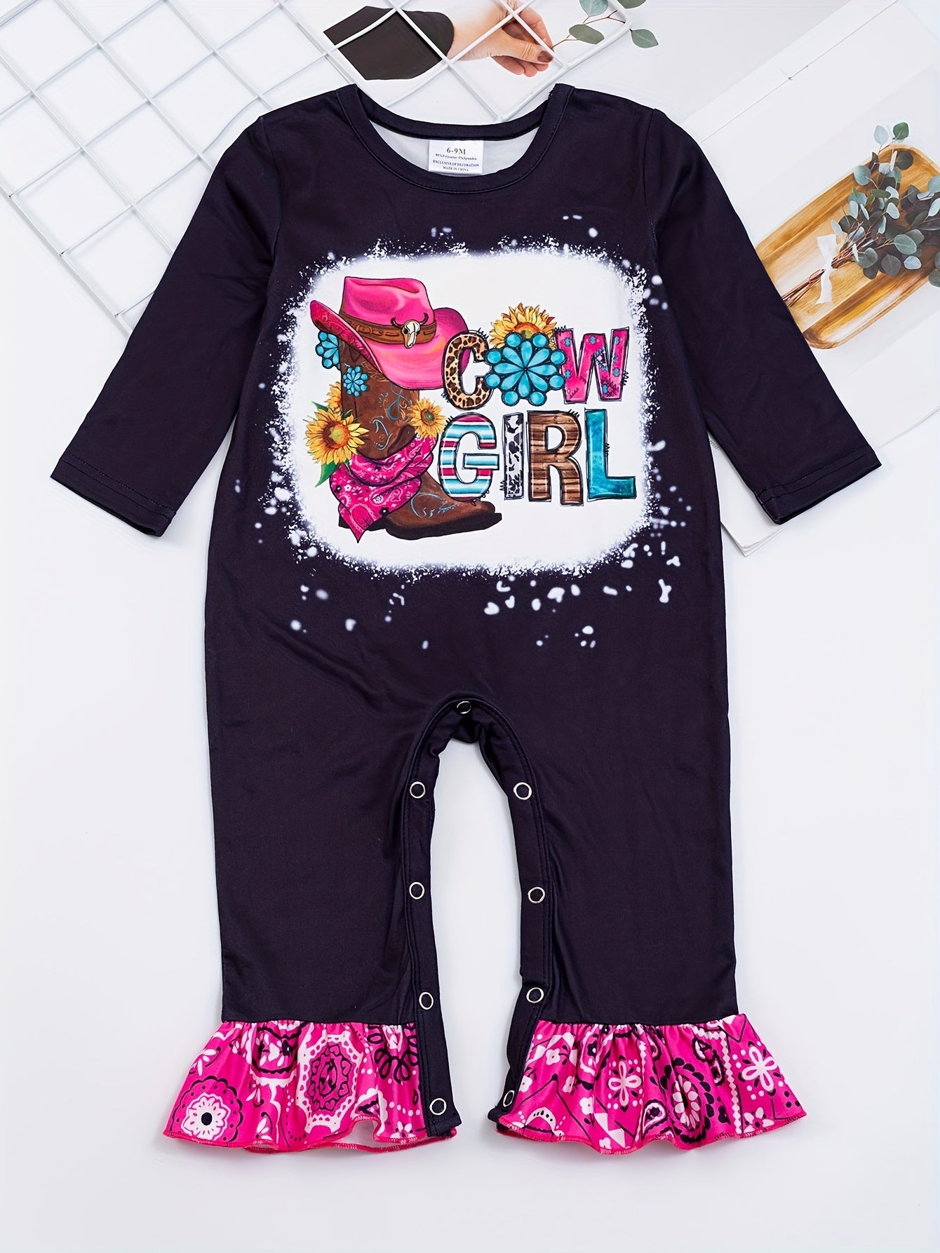 Autumn Western Cowboy Series Baby Girl's Cute Bodysuit With Leopard Cow Pattern Flower Letter...random Print