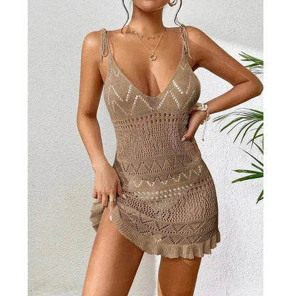 Women's Fashion Suspenders Deep V Knitted Beach Skirt Dress for Chic Ladies