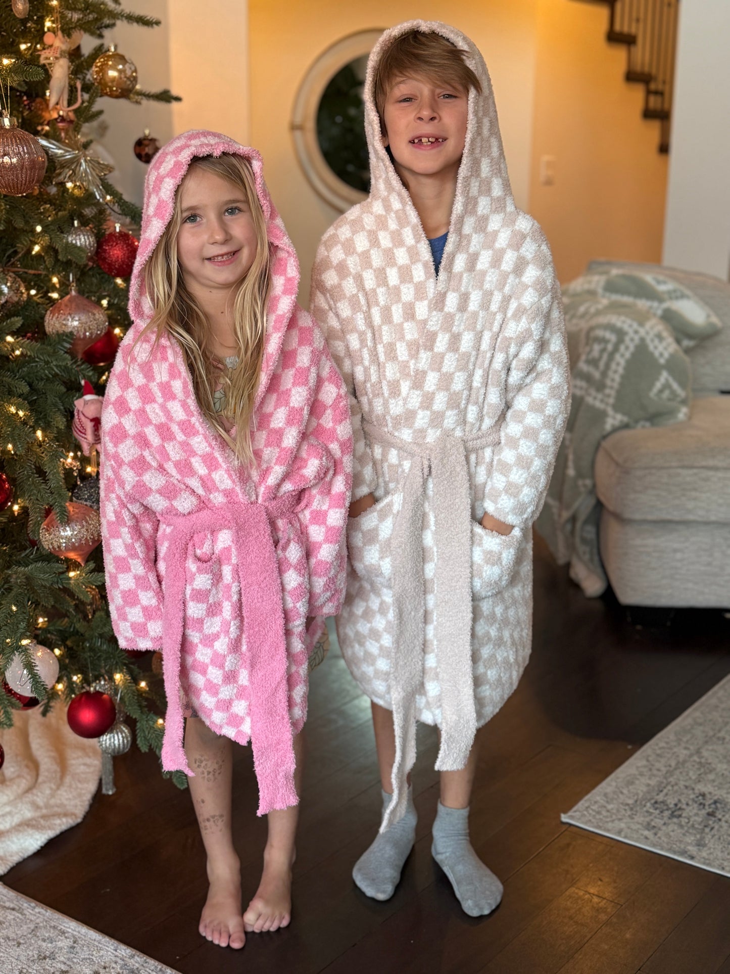 Childrens Check Print Hooded Robe - restocking in April