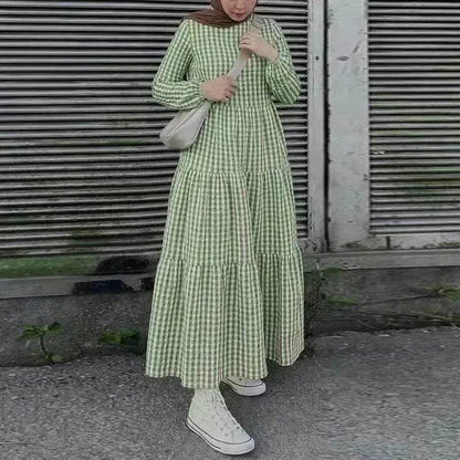 Middle East Plaid Long Sleeve Elastic Sleeve Round Neck Loose Waist Casual Dress Checked Casual dress for Arabfor Women