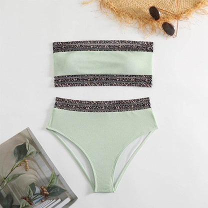 Split Swimsuit Leopard Splicing Strapless