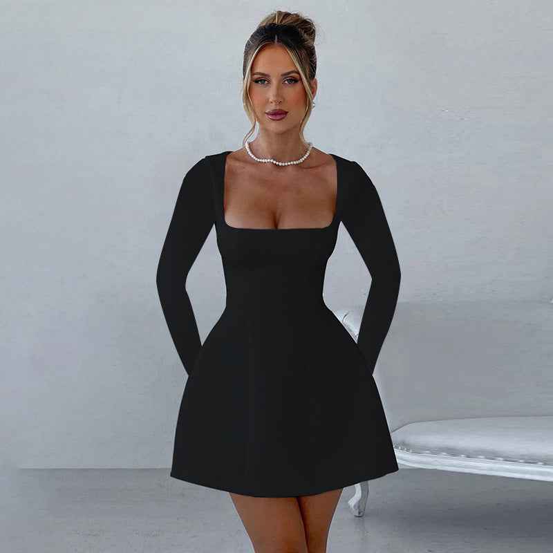 Women's Slim-Fit Square-Neck Long-Sleeve Dress – Elegant High-Waist Pullover Dress