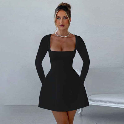 Women's Slim-Fit Square-Neck Long-Sleeve Dress – Elegant High-Waist Pullover Dress