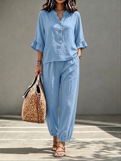 Women’s 2-Piece Casual V-Neck Top & Cropped Wide-Leg Pants Set – Retro Office Outfit