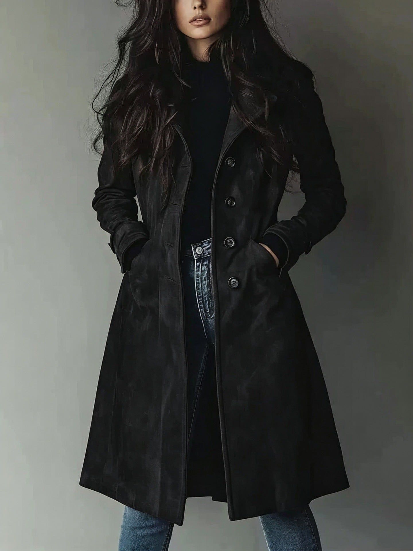 Women’s Suede Lapel Trench Coat – Mid-Length Fall & Winter Belted Jacket