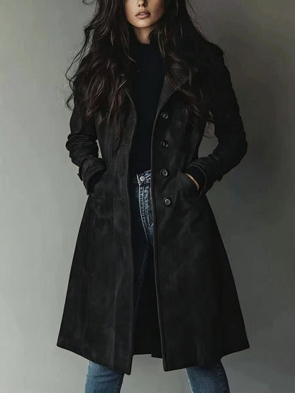 Women’s Suede Lapel Trench Coat – Mid-Length Fall & Winter Belted Jacket