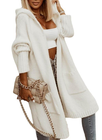 Women's Long Wool-Blend Hooded Lapel Cardigan Jacket