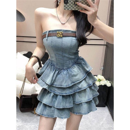 Women's sleeveless tube Denim High Waist Slimming Jeans layered flared mini Dress