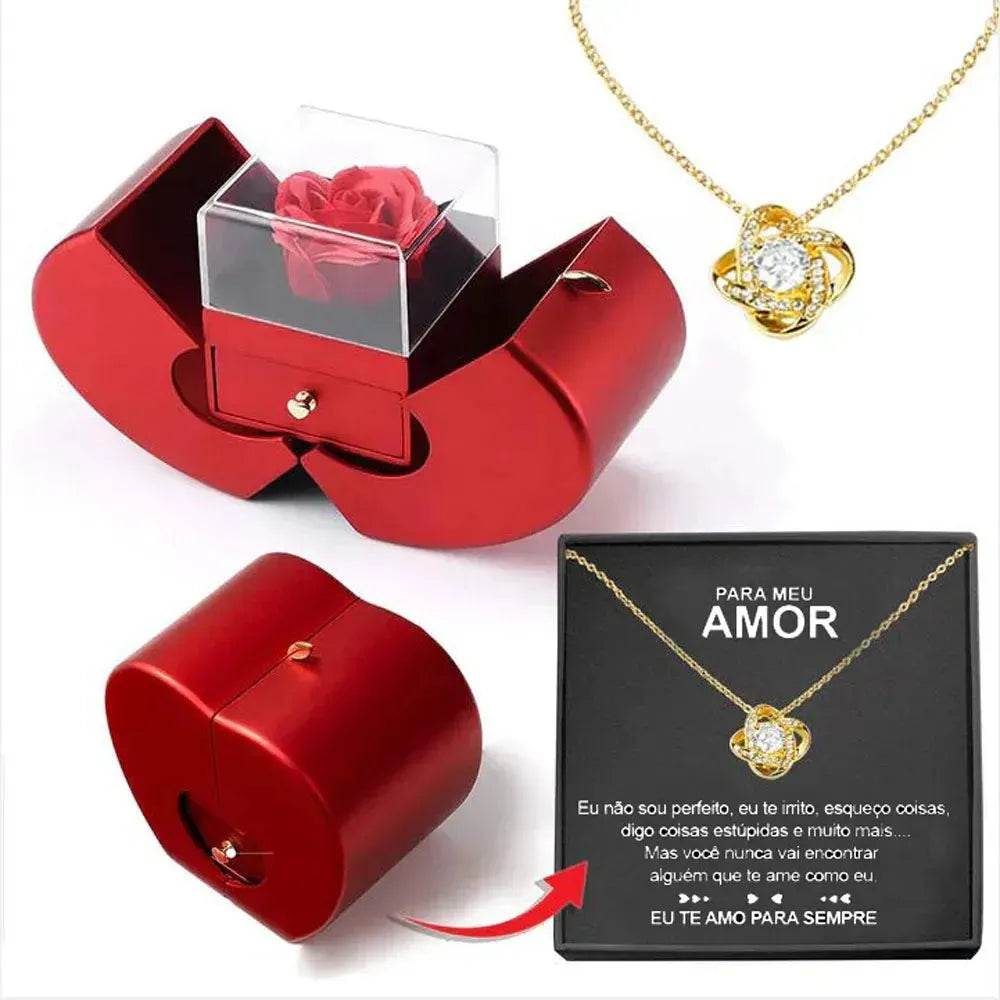 Boîte à bijoux de mode pomme rouge cadeau de Noël collier Rose éternelle pour fille fête des mères Saint Valentin cadeaux avec fleur artificielle Rose fleur boîte à bijoux