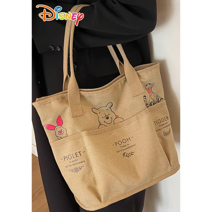 Disney Winnie The Pooh Printed Canvas Tote Bag, Vintage Single Shoulder Bag, Large Capacity Multi-Pocket Handbag Christmas/Halloween gift