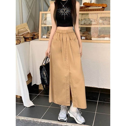 Women's front slit Washed Cotton Midi Cargo Skirt