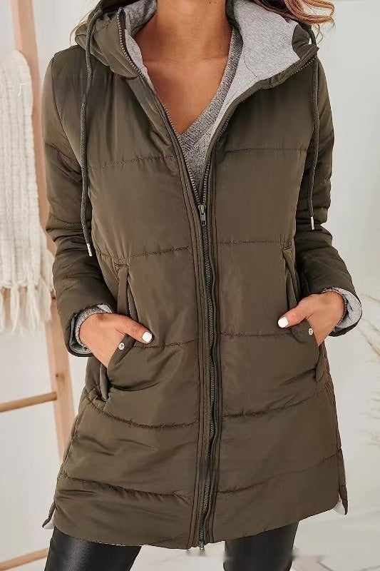 Women’s Hooded Long Cotton Coat with Pockets – Solid Color Casual Winter Jacket