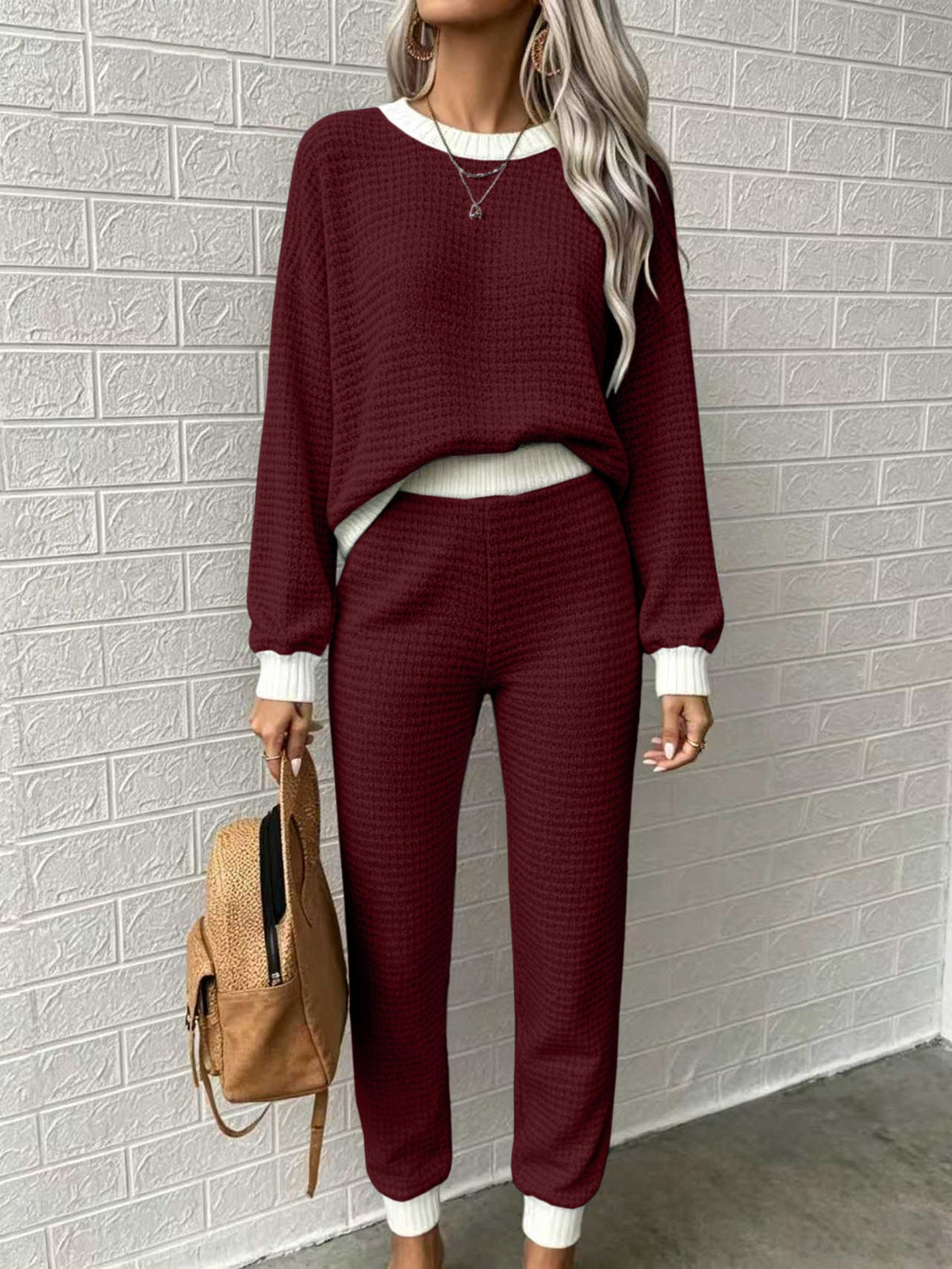 Women’s Waffle-Weave Sweatshirt & Pants Set – Casual Drawstring Crew-Neck Long-Sleeve Loungewear